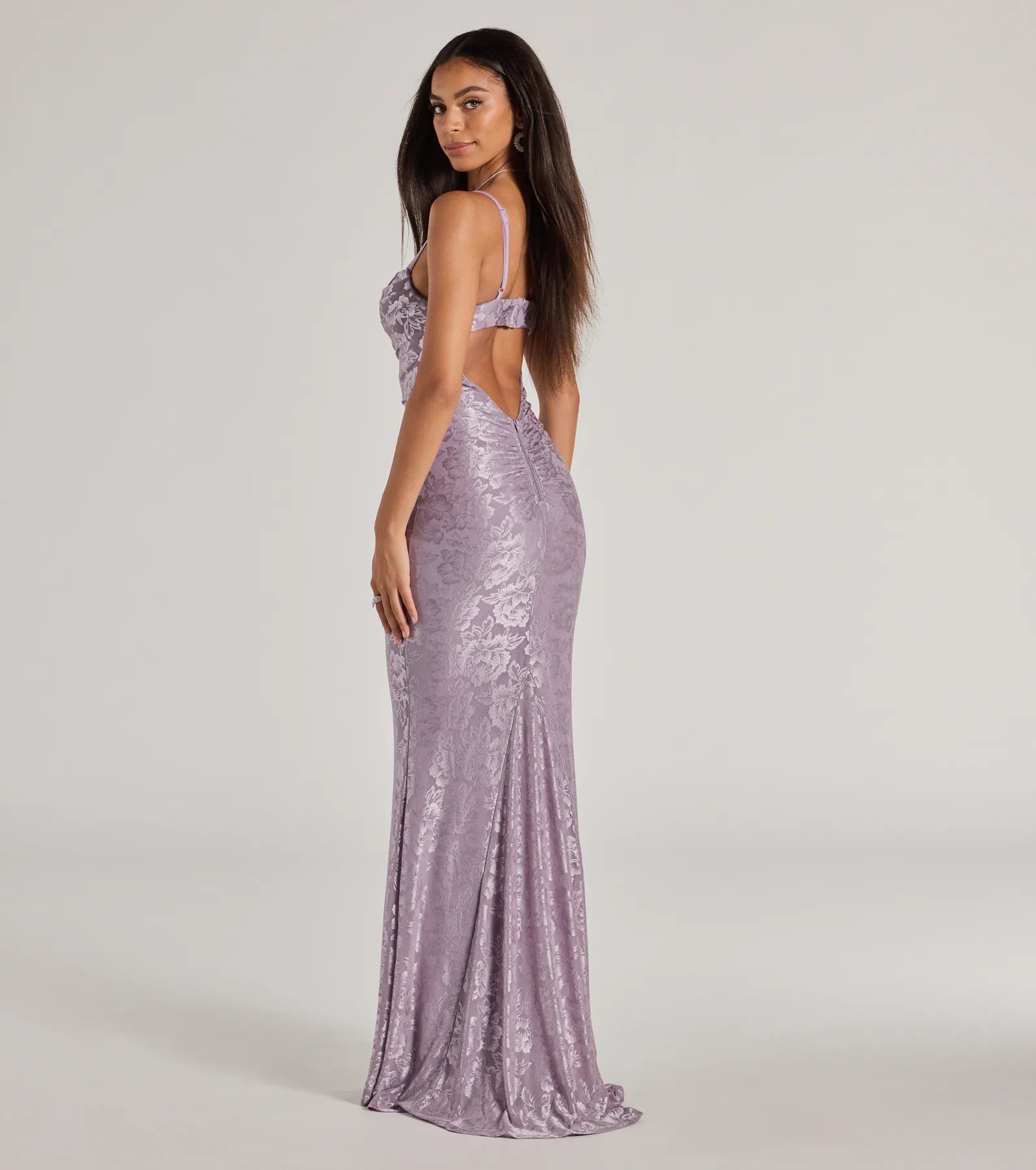 The Haisley Open Back Floral Lace Mermaid Dress is a purple holiday dress with a festive style, crafted from luxe fabrics and with unique design accents, a perfect pick as your holiday party dress.