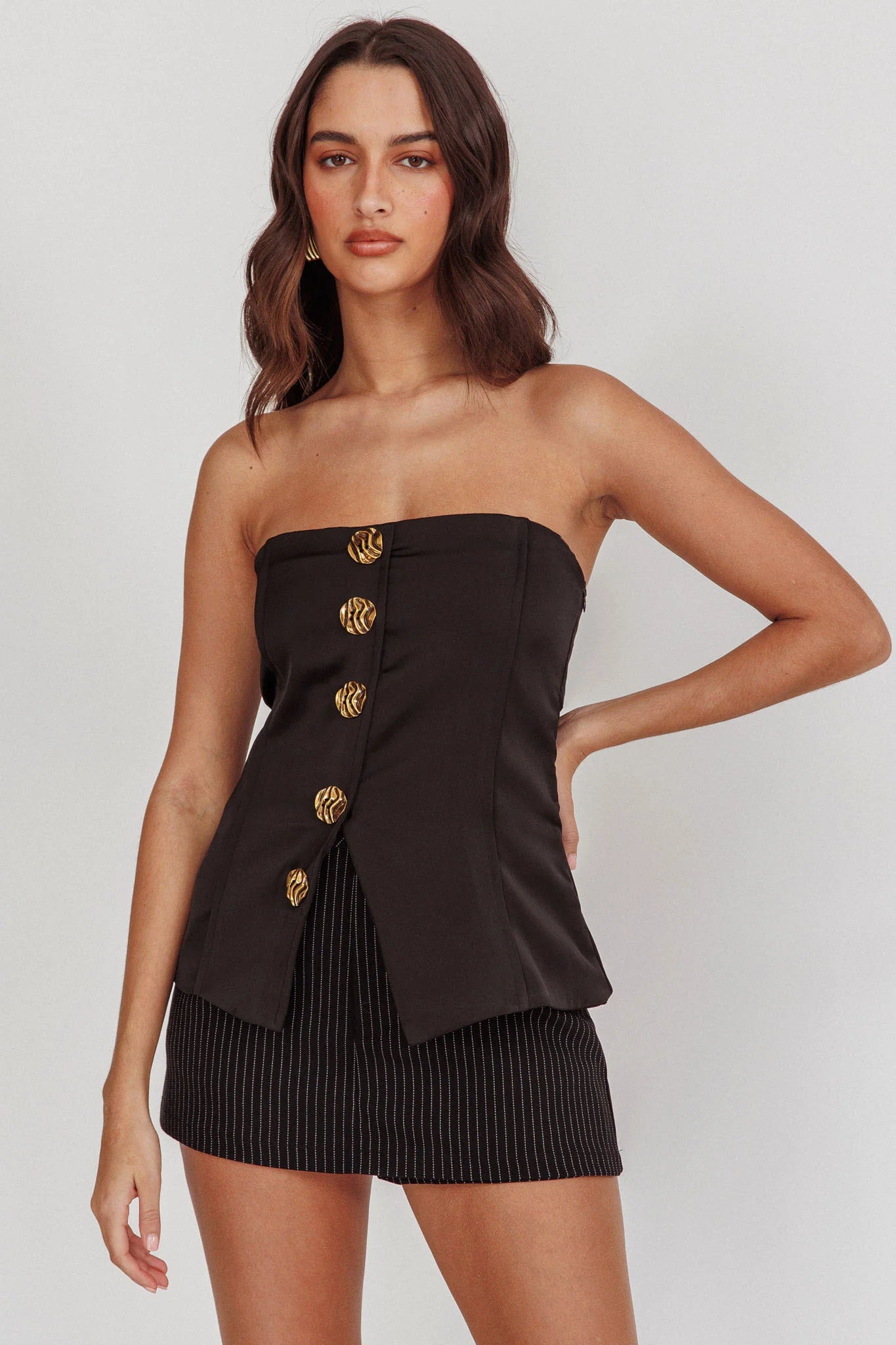 Danni Strapless Gold Button Top Black