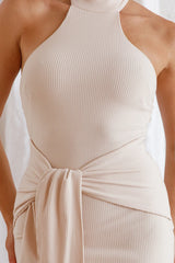 Rapt Waist Tie Halterneck Knit Midi Dress Stone