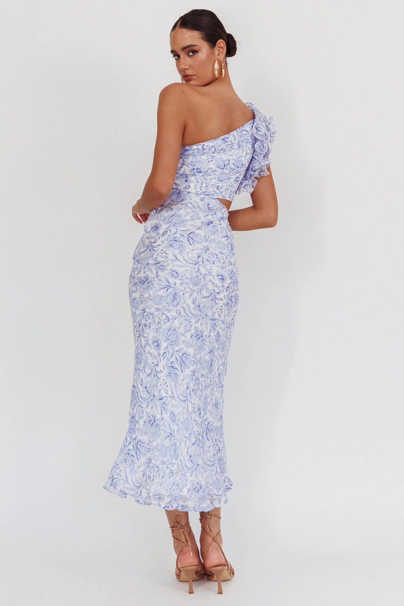 Deanna One-Shoulder Ruffle Midi Dress Floral Blue