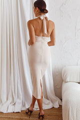 Rapt Waist Tie Halterneck Knit Midi Dress Stone