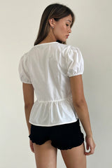 Scandi Puff Sleeve Tie Front Top White