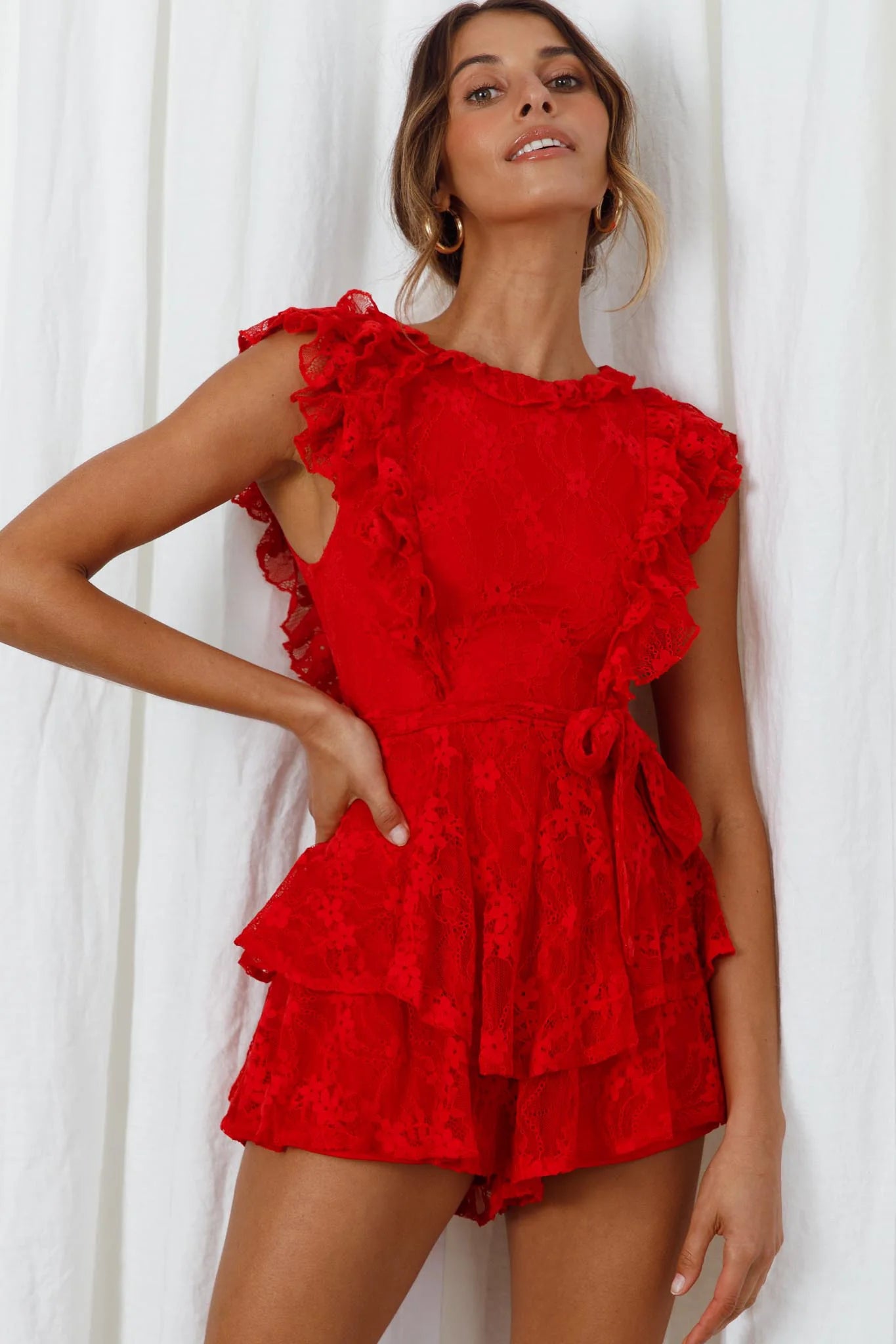 Spring Fling Frill Trim Waist Tie Lace Romper Red
