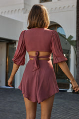Sunshine Sweetie Cut-Out Waist Tie Feature Mini Dress Steel Rose