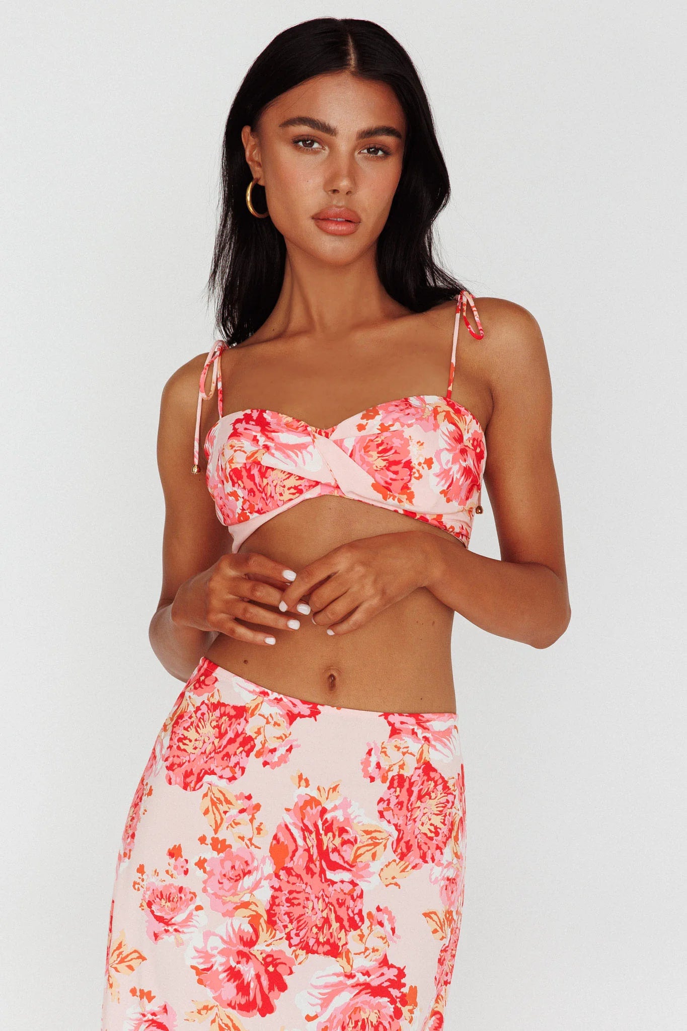 Gabbi Tied Shoulder Crop Top Floral Pink