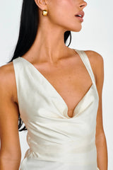 Midnight Sun Asymmetrical Strap Maxi Dress Oyster