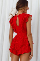 Spring Fling Frill Trim Waist Tie Lace Romper Red