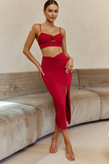 One Night Only Twist Waist Split Midi Skirt Wine