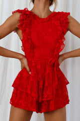 Spring Fling Frill Trim Waist Tie Lace Romper Red