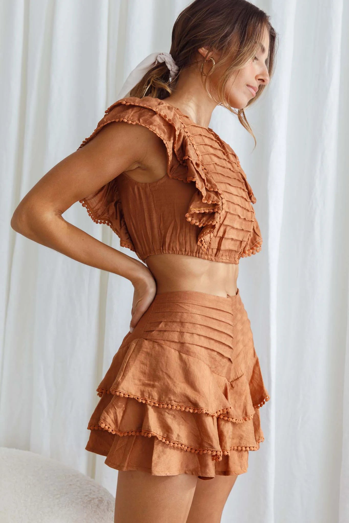 Wild And Free Pintuck Pleat And Layered Ruffle Shorts Tan