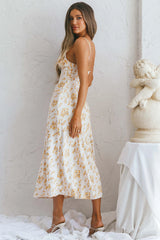 Lake Como Fitted Bodice Cami Strap Midi Dress Painted Floral Print Beige