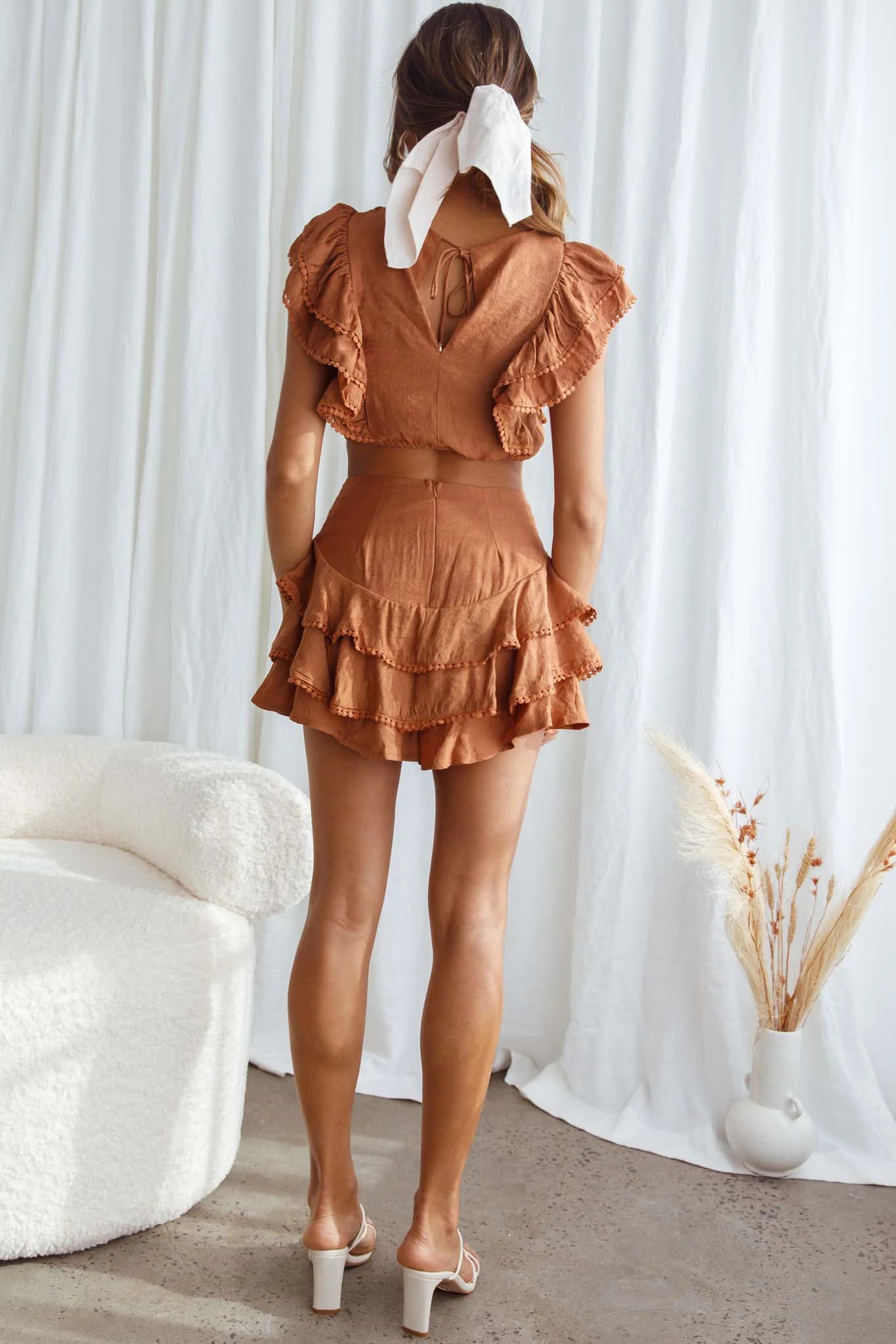 Wild And Free Pintuck Pleat And Layered Ruffle Shorts Tan