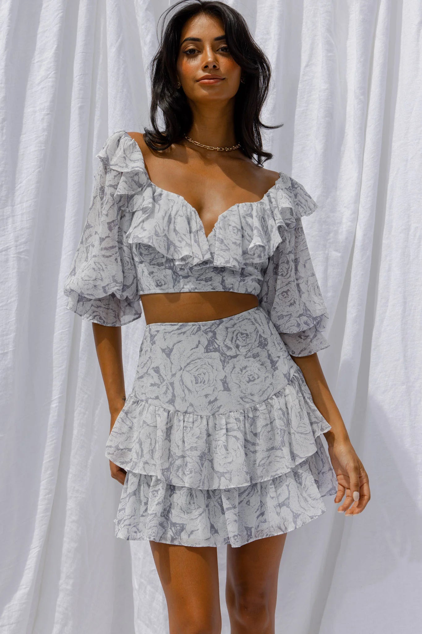 Kiss And Tell Ruffle Trim Balloon Sleeve Crop Top Rose Print Ink