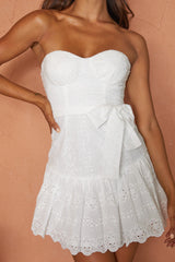 Celeene Sweetheart Neckline Flounce Hem Eyelet Mini Dress White