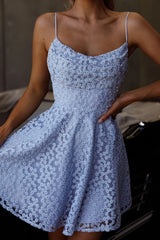 Marbella Floral Embroidered Overlay Scoop Neck Mini Dress Steel Blue